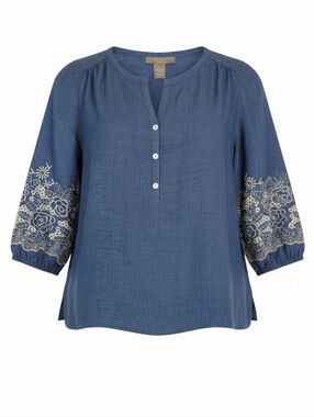 NWT Olivia & Martin 3/4 Sleeve Blue Boho Peasant Blouse Embroidered Floral - PXL